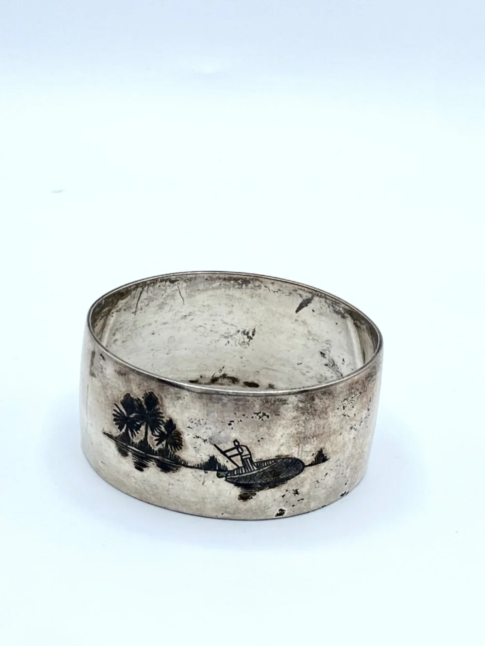 Vintage Iraqi Silver Niello Napkin Rings Set of 4 Double Scenic Middle Eastern